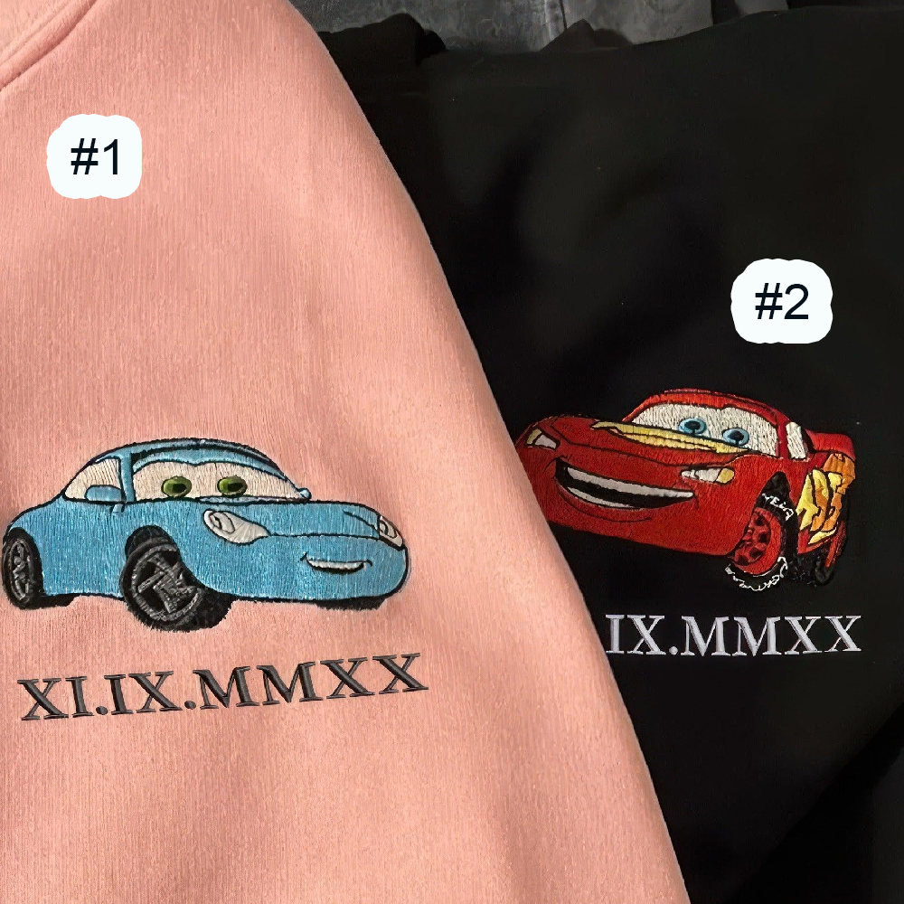 Combo Couple Embroidered Shirt, Couple Matching Shirt, Cartoon Car Couple Characters Embroidery Shirt