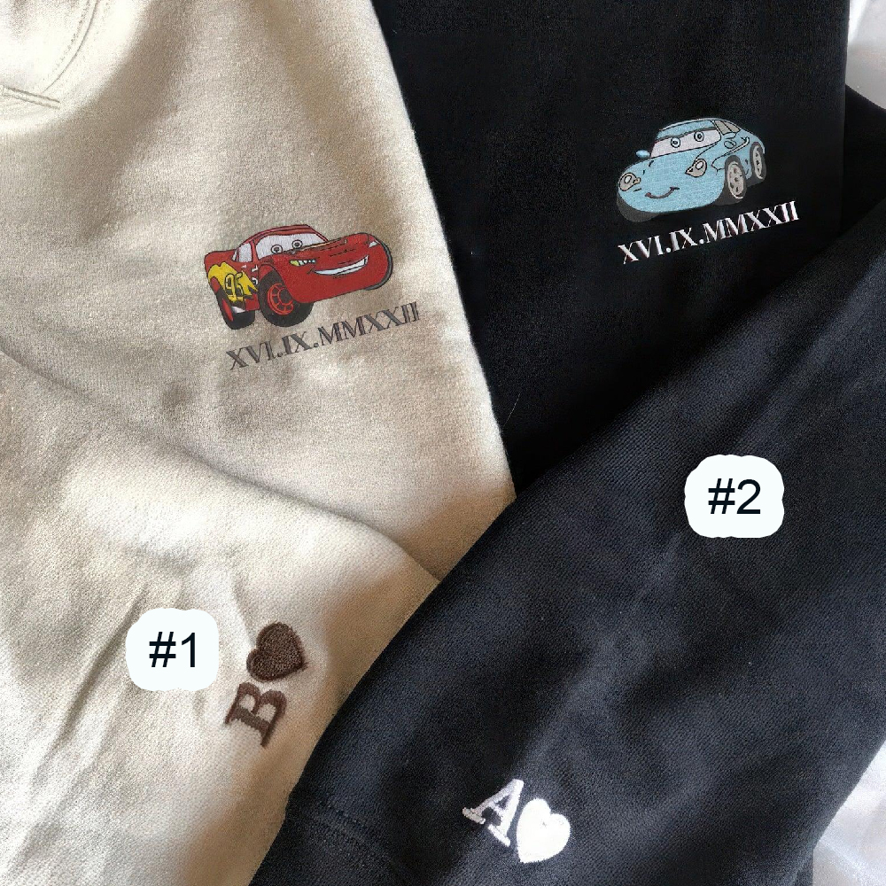 Combo Couple Embroidered Shirt, Custom Anniversary Date Cars Queen x Sally Embroidered Couple Shirt