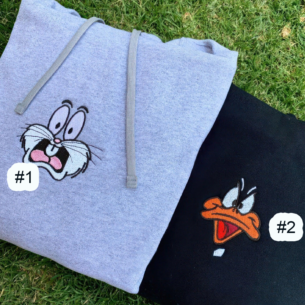 Combo Couple Embroidered Shirt, Custom Matching Couple Shirt, Cartoon Bunny x Duck Inspired Couples Embroidered Matching Shirt