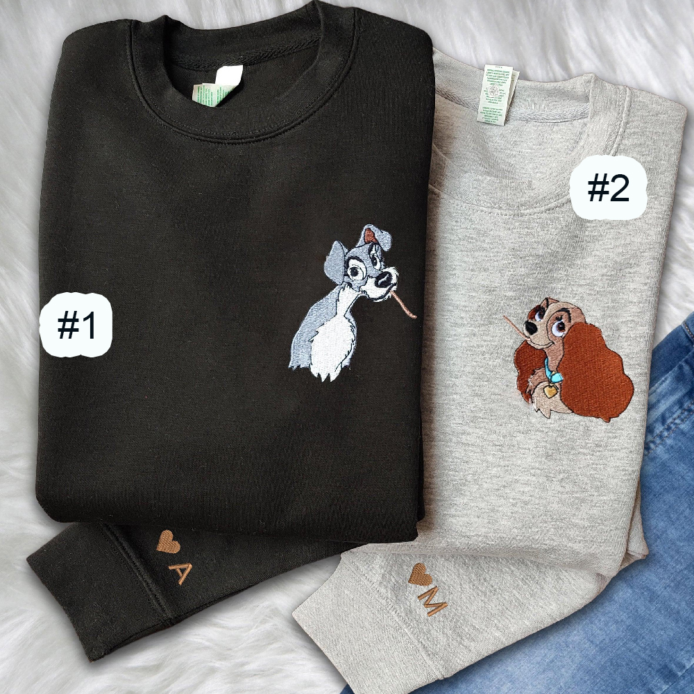 Combo Couple Embroidered Shirt, Custom Matching Couple Shirt, Cartoon Dog Couple Lovely Embroidered Matching Couples Shirt