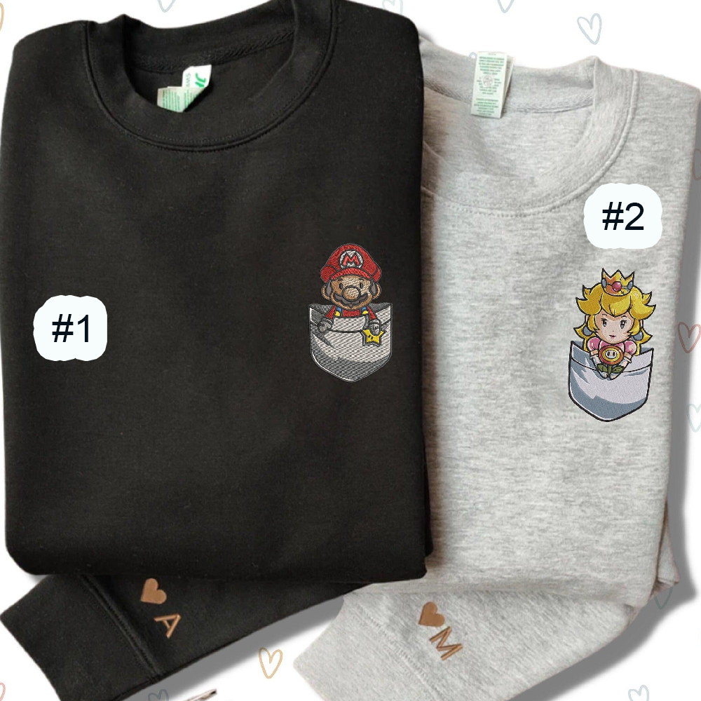 Combo Couple Embroidered Shirt, Custom Matching Couple Shirt, Cartoon Mario and Princess Embroidered Matching Couples Shirt