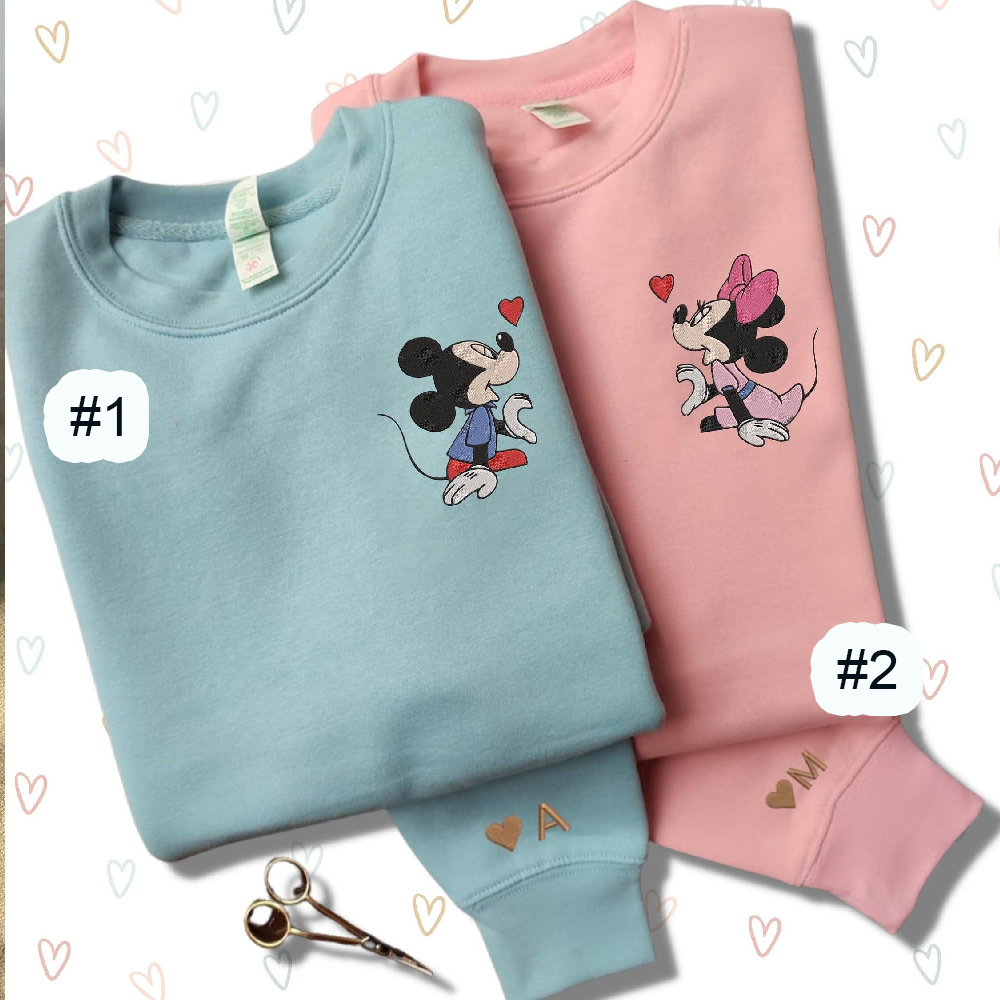 Combo Couple Embroidered Shirt, Custom Matching Couple Shirt, Cartoon Mouse Heart Couples Embroidered Matching Couples Shirt