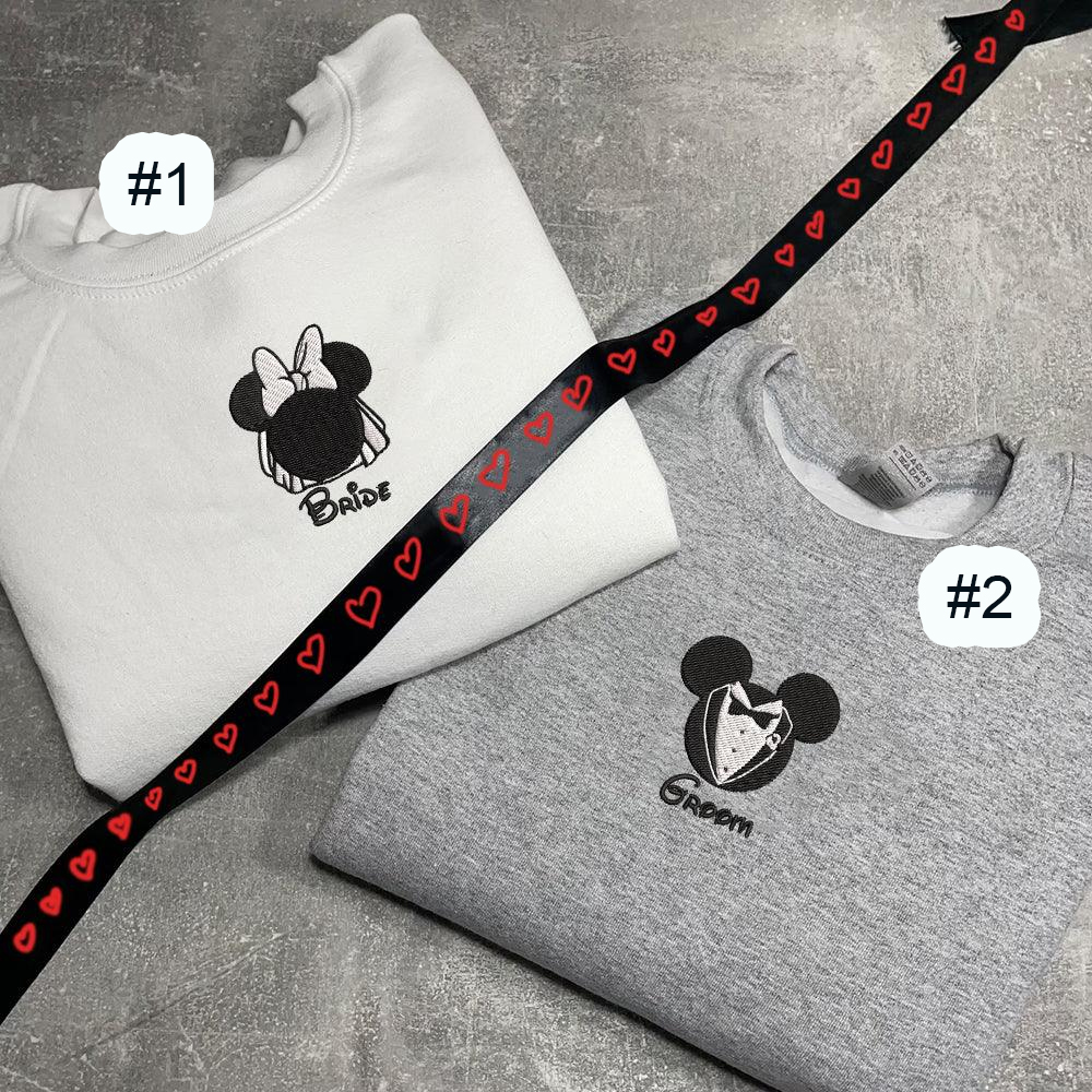 Combo Couple Embroidered Shirt, Custom Matching Couple Shirt, Cartoon Mouses Bride Groom Couples Embroidered Shirt