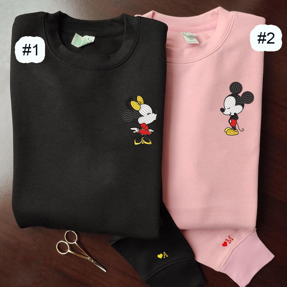 Combo Couple Embroidered Shirt, Custom Matching Couple Shirt, Cartoon Mouses In Love Couples Embroidered Shirt