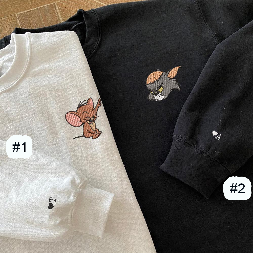 Combo Couple Embroidered Shirt, Custom Matching Couple Shirt, Cartoon Tom Cat Mouses Couples Embroidered Shirt