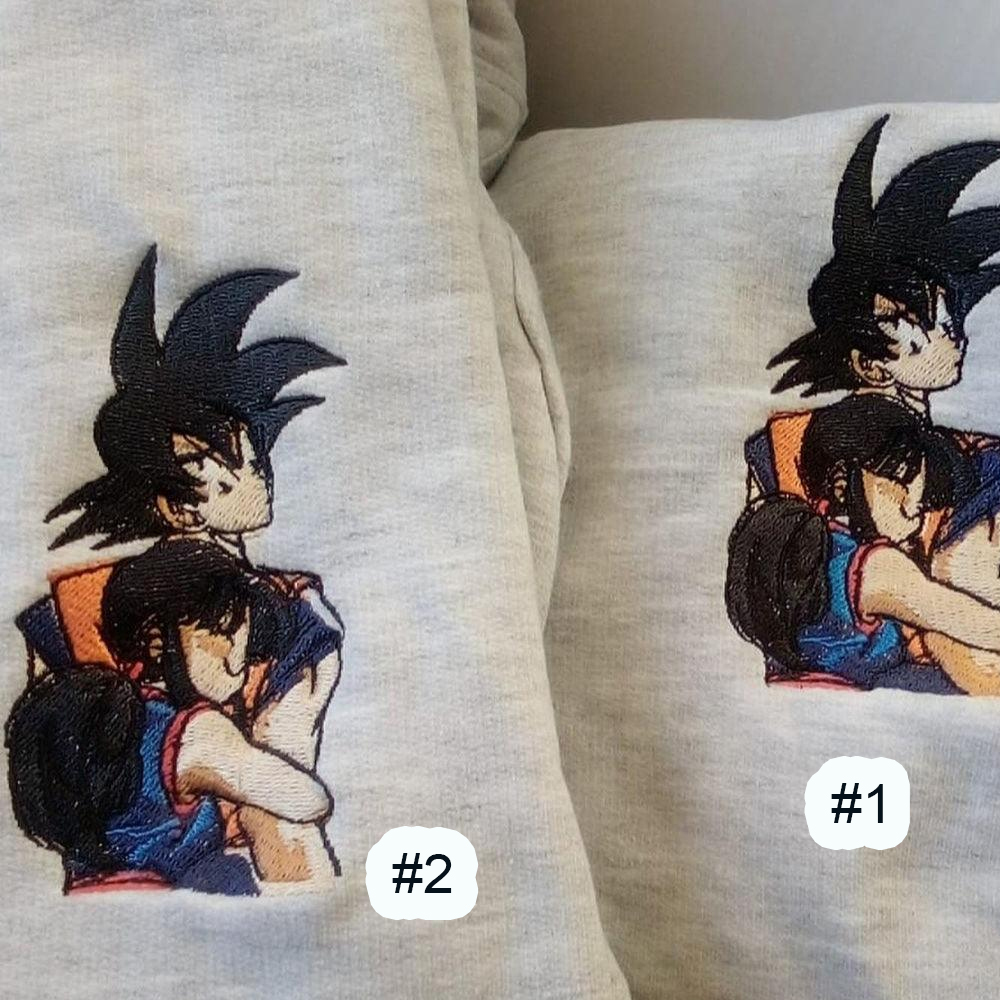 Combo Couple Embroidered Shirt, Custom Matching Couple Shirt, Chichi Hug Goku Cartoon Couples Embroidered Matching Shirt