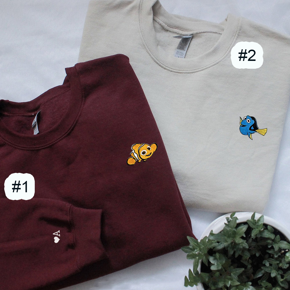 Combo Couple Embroidered Shirt, Custom Matching Couple Shirt, Cute Cartoon Fish Couples Embroidered Shirt