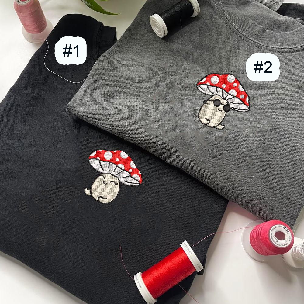 Combo Couple Embroidered Shirt, Custom Matching Couple Shirt, Cute Mushroom Cartoon Couples Embroidered Shirt