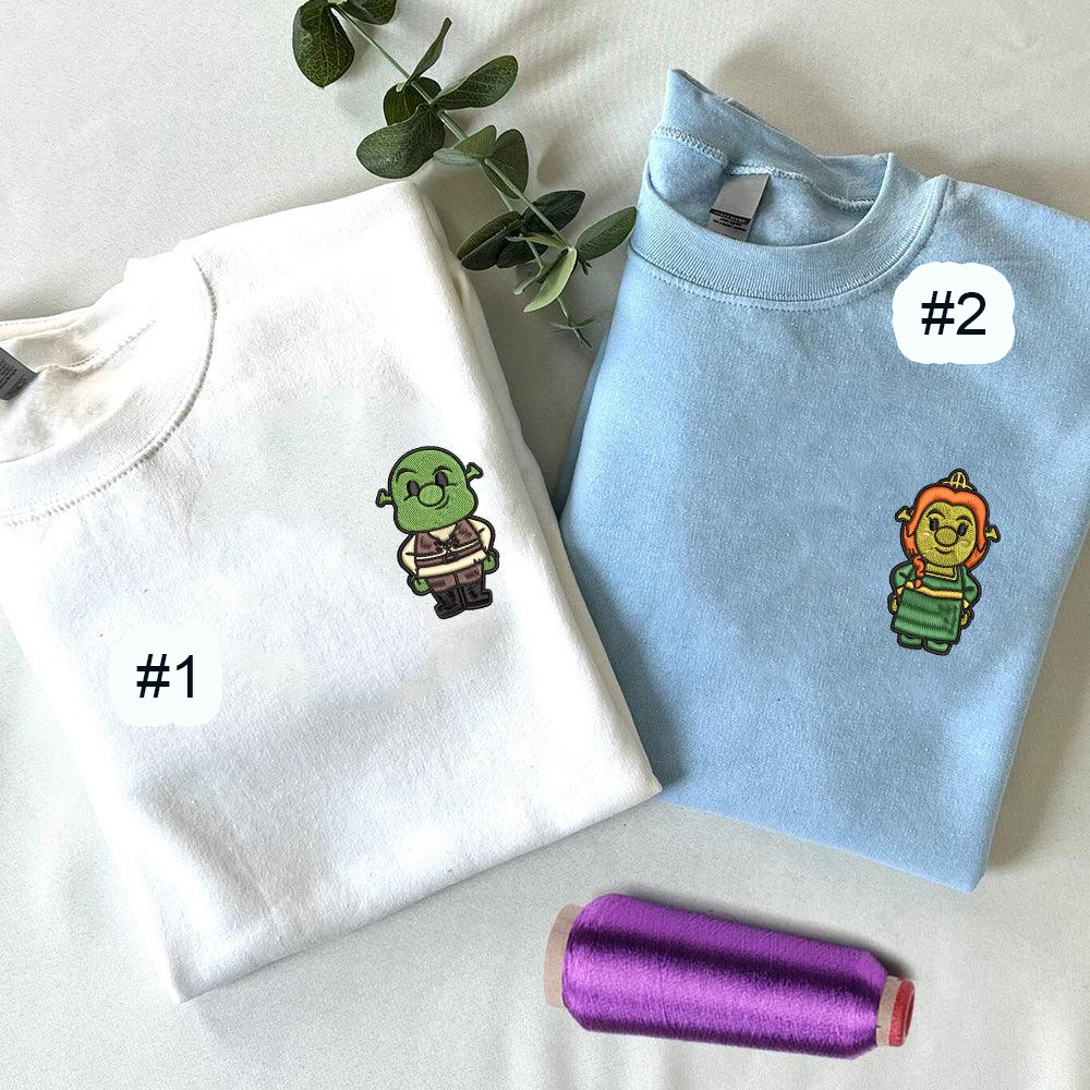 Combo Couple Embroidered Shirt, Custom Matching Couple Shirt, Cute Ogre x Princess Cartoon Couples Embroidered Shirt