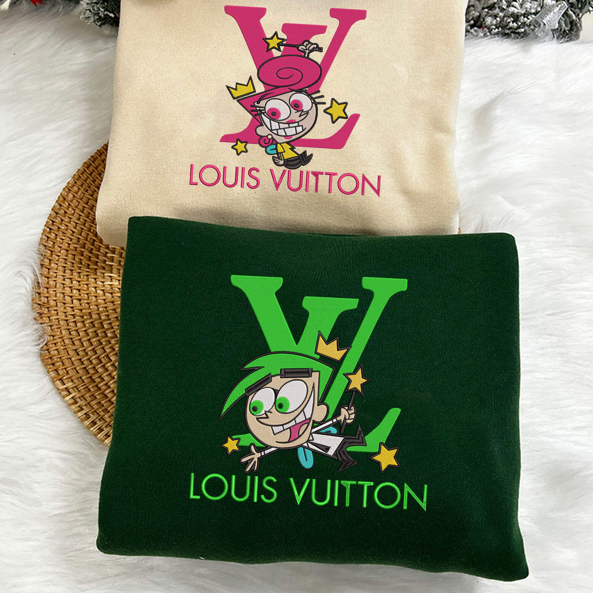 Cosmo And Wanda x LV1 Couple Shirt, Cartoon Valentine Custom Name Couple Matching Hoodie Tshirt Embroidered Sweatshirt For Fan