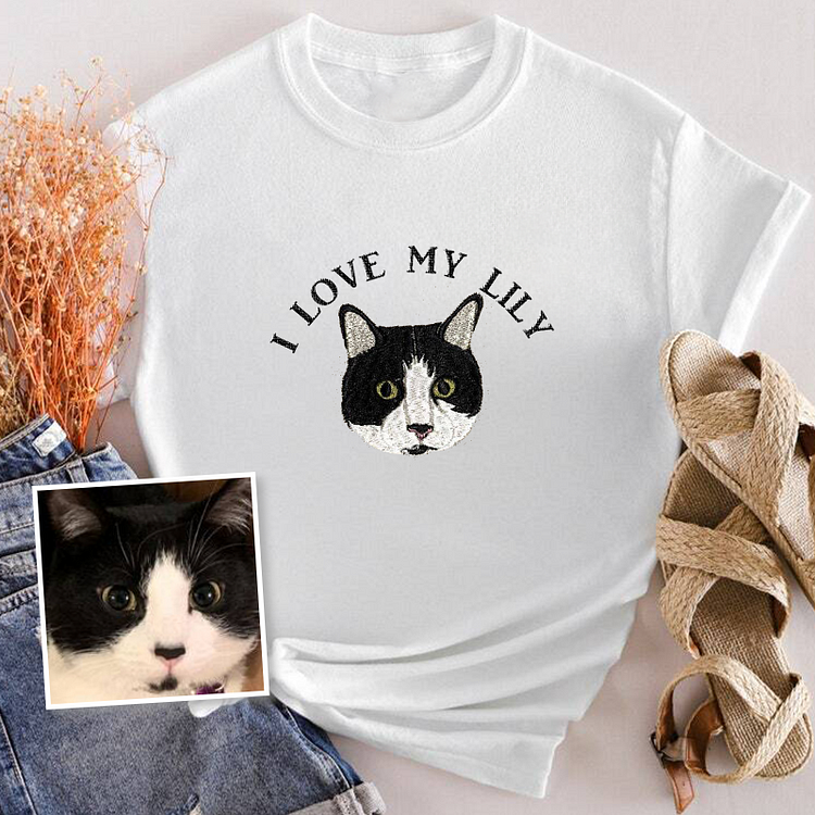 I Love My Cat Custom Pet Portrait Embroidered Crewneck Shirt