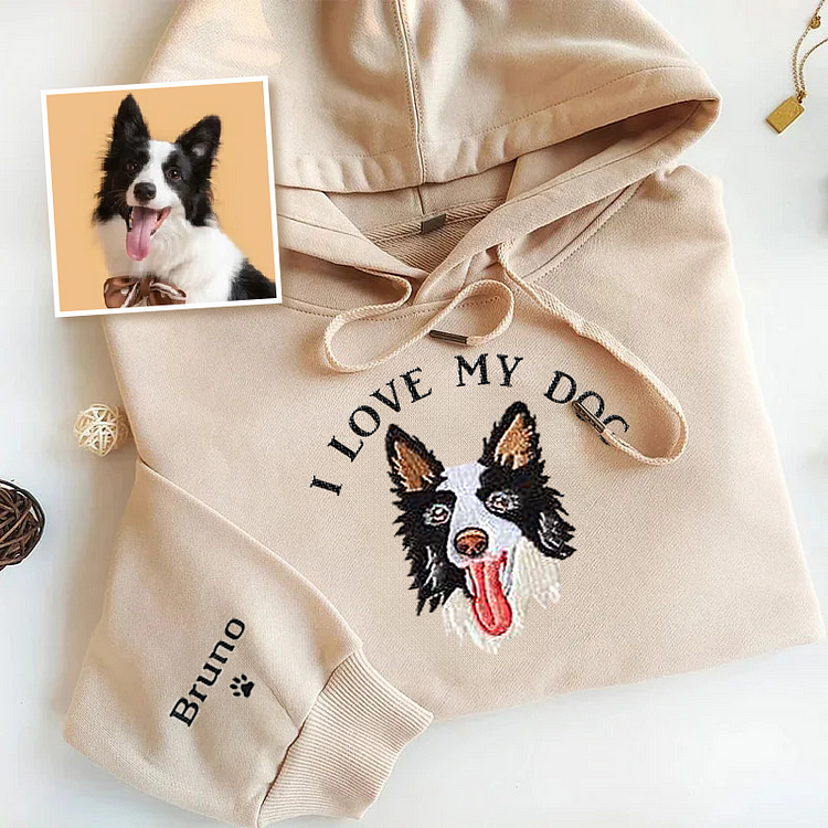 I Love My Dog Custom Pet Portrait Embroidered Crewneck Hoodie