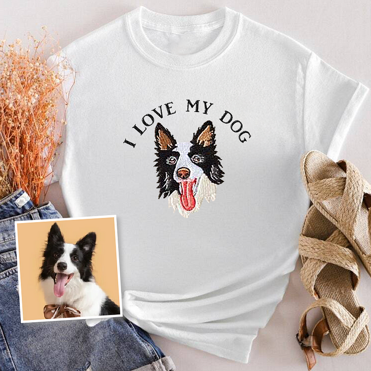 I Love My Dog Custom Pet Portrait Embroidered Crewneck Shirt