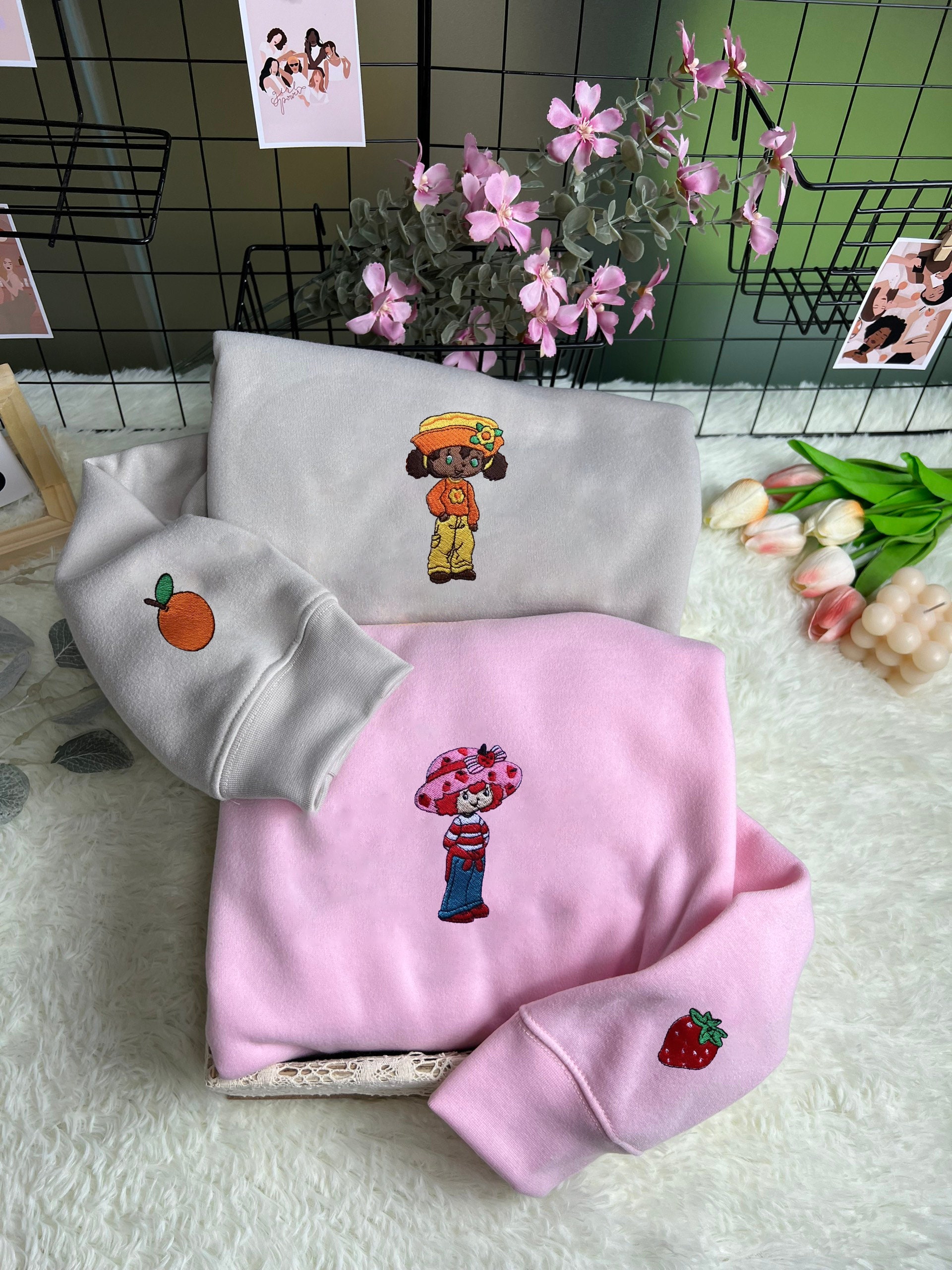 Strawberry Shortcake  and Orange Blossom Strawberry Cute Animation Hoodie Tshirt Embroidered Sweatshirt For Fan Y2K Trendy  Crewneck